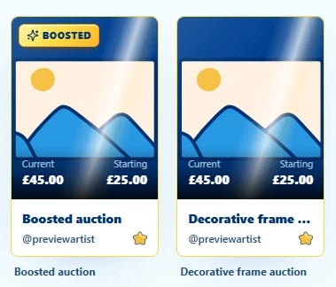 image comparing the boosted artwork with the decorative frame, boosted artwork has a boosted label and a visibility boost in the algorithm, decorative frame looks the same but without those two distinctions