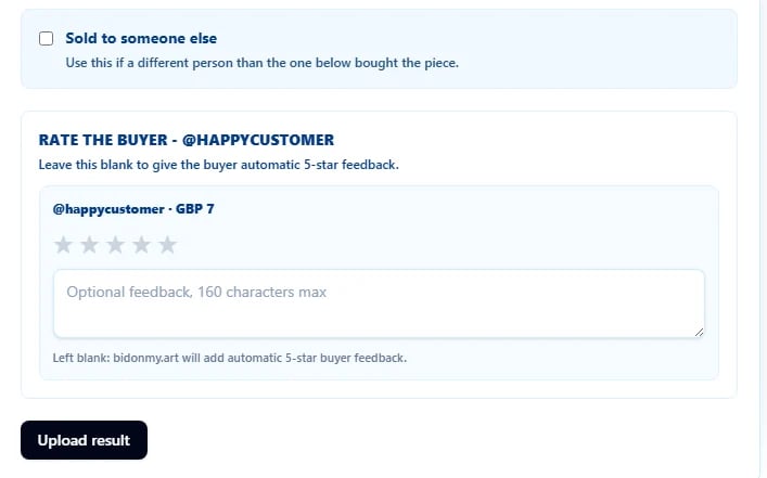 screenshot of the feedback interface for bidonmy.art