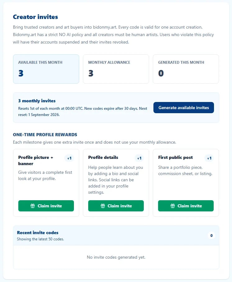 Creator Invites dashboard containing different types of invites and ways to gain them. You can gain invites by interacting with the site.