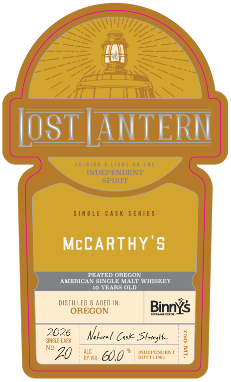 Label for Lost Lantern McCarthy's Peated Oregon American Single Malt Whiskey