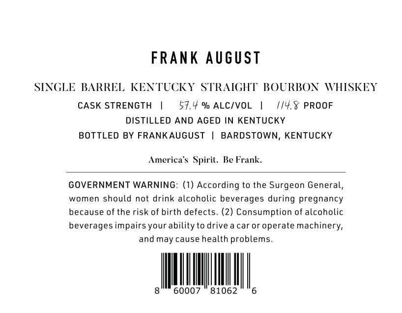 Label for Frank August Single Barrel Kentucky Straight Bourbon Whiskey