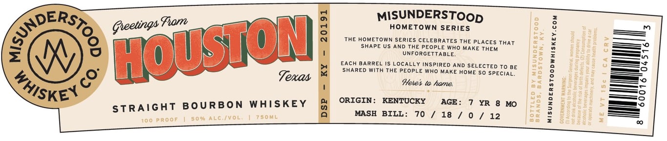Label for Misunderstood Whiskey Co. Greetings From Houston Texas Bourbon