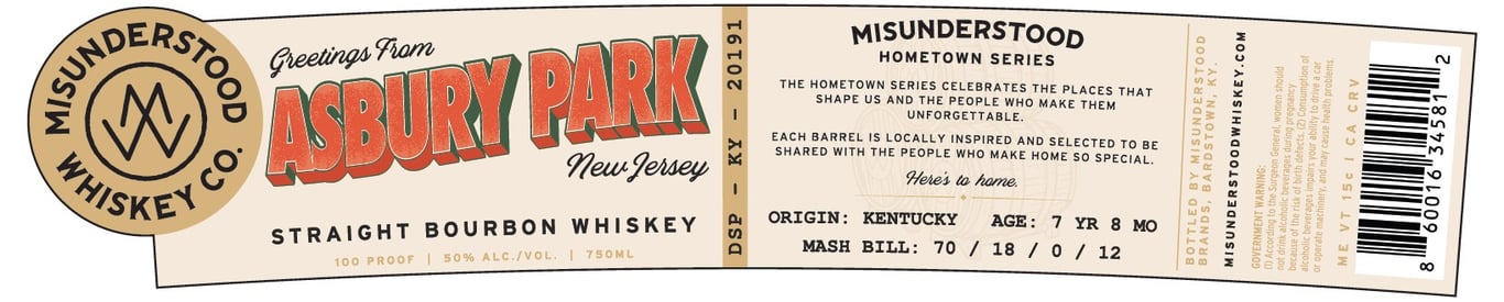 Label for Misunderstood Whiskey Co. Asbury Park Bourbon