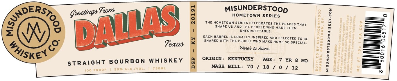 Label for Misunderstood Whiskey Co. Greetings From Dallas Texas Bourbon