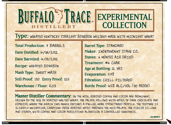 Label for Buffalo Trace Distillery Experimental Collection Wheated Kentucky Straight Bourbon Whiskey Made With Midnight Wheat