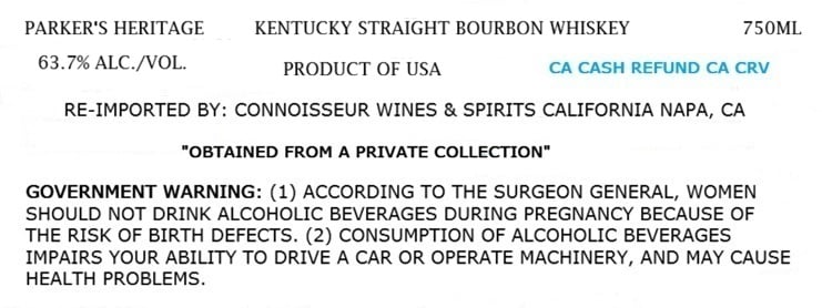Label for Parker's Heritage Cask Strength