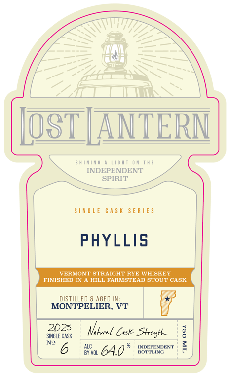 Label for Lost Lantern Phyllis Vermont Straight Rye Whiskey Finished in a Hill Farmstead Stout Cask 4 Year