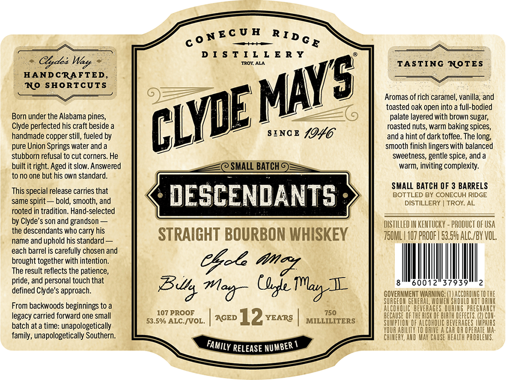 Label for Clyde May's Descendants Bourbon