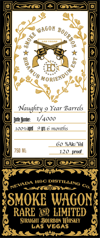Label for Smoke Wagon Rare and Limited Naughty 9 Year Barrels