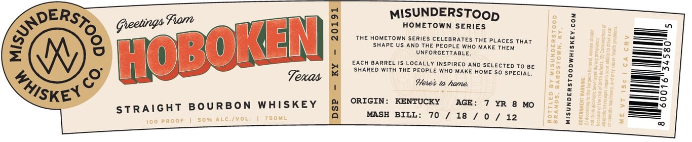 Label for Misunderstood Whiskey Co. Greetings From Hoboken Texas Bourbon
