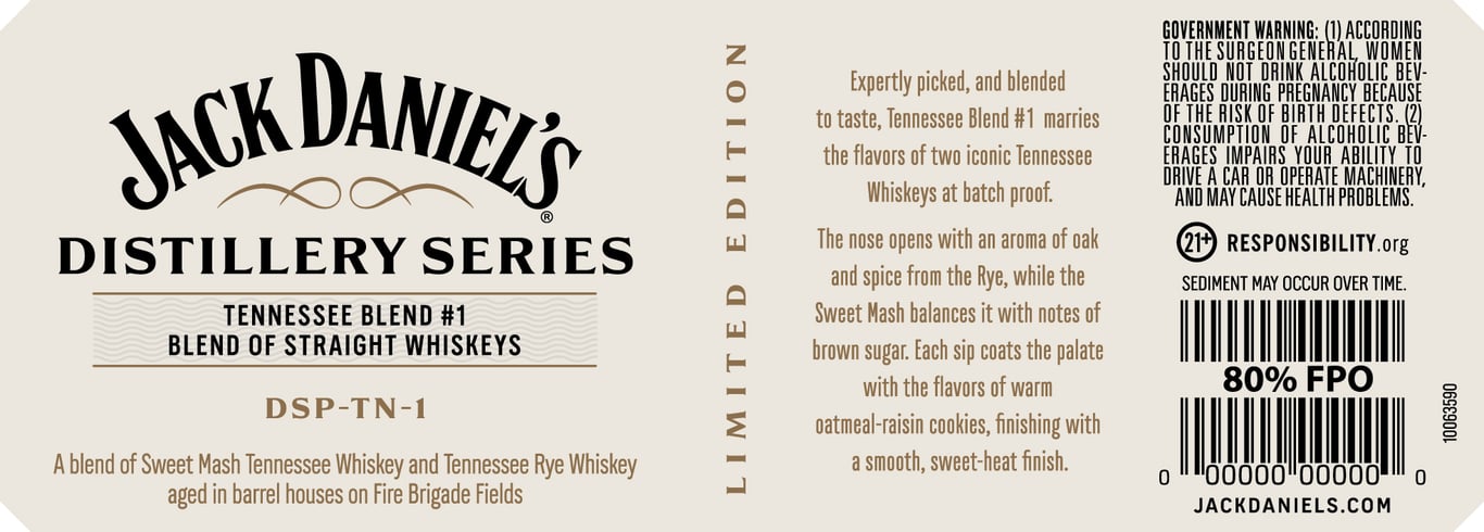 Label for Jack Daniel's Distillery Series Tennessee Blend #1