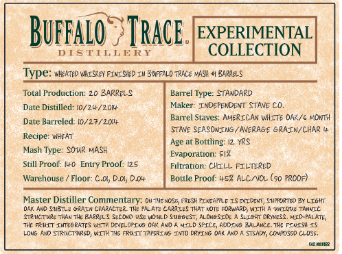 Label for Buffalo Trace Experimental Collection Wheated Whiskey Finished in Buffalo Trace Mash #1 Barrels