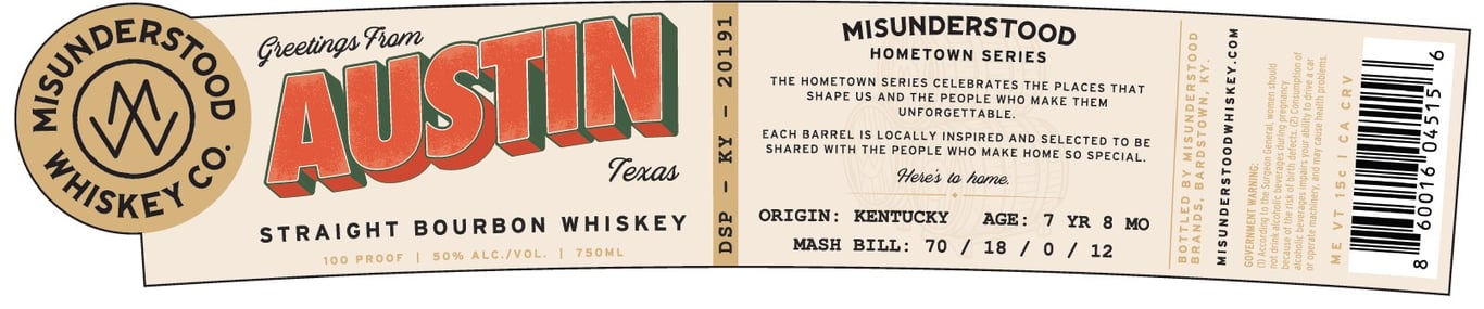 Label for Misunderstood Whiskey Co. Greetings From Austin Texas Bourbon