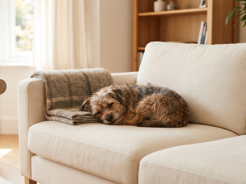 A contented scruffy dog napping on a freshly cleaned cream fabric sofa