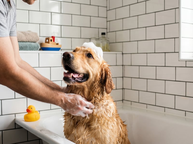 A happy dog getting a bath in a tub surrounded by sparkling tile and freshly cleaned grout lines