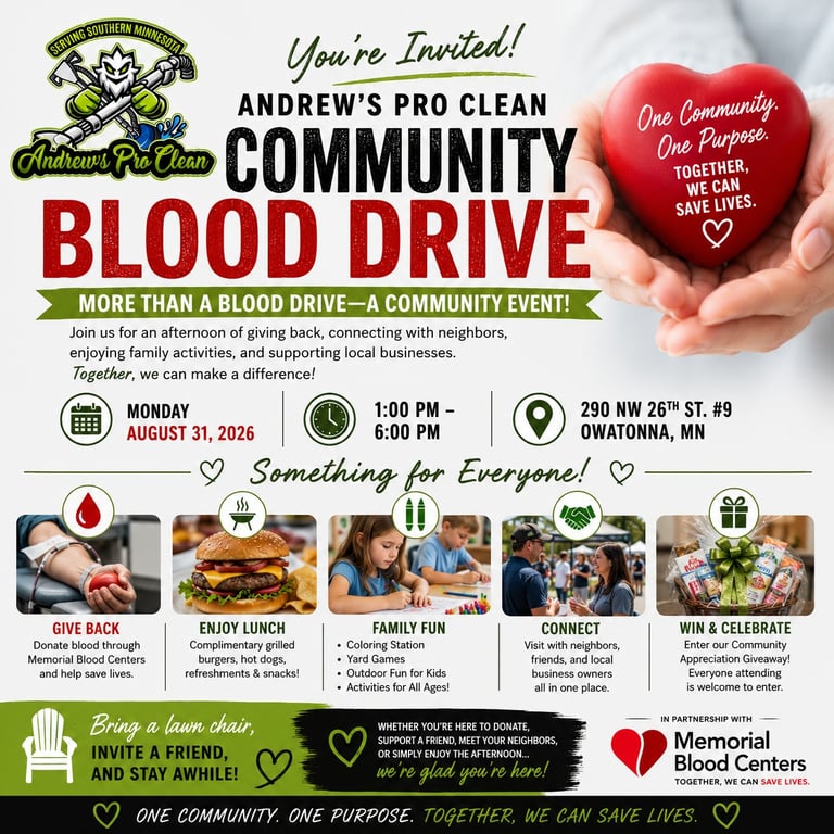 Andrew's Pro Clean Community Blood Drive flyer: Monday, August 31, 2026, 1:00 to 6:00 PM, 290 NW 26th St #9, Owatonna, MN, in partnership with Memorial Blood Centers