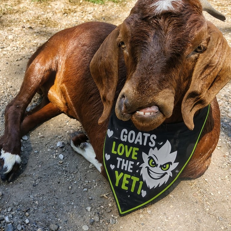 Fern, a goat at Aspyn Acres Wildlife Rescue, wearing an Andrew's Pro Clean 'Goats love the Yeti' bandana
