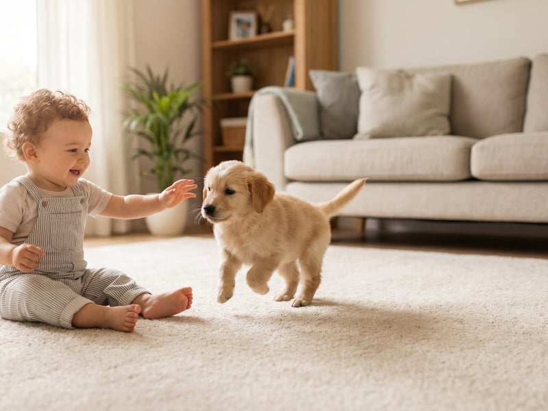 A happy baby reaching toward a playful golden retriever puppy on freshly extracted, plush clean carpet