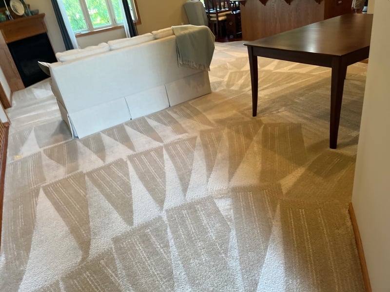 Living-room carpet cleaned and groomed into sweeping fan lines by Andrew's Pro Clean in Owatonna, MN