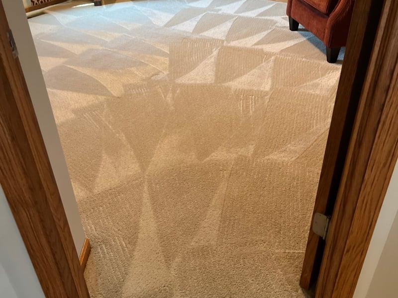 Freshly cleaned living-room carpet with even groom lines and a red accent chair in an Owatonna, MN home