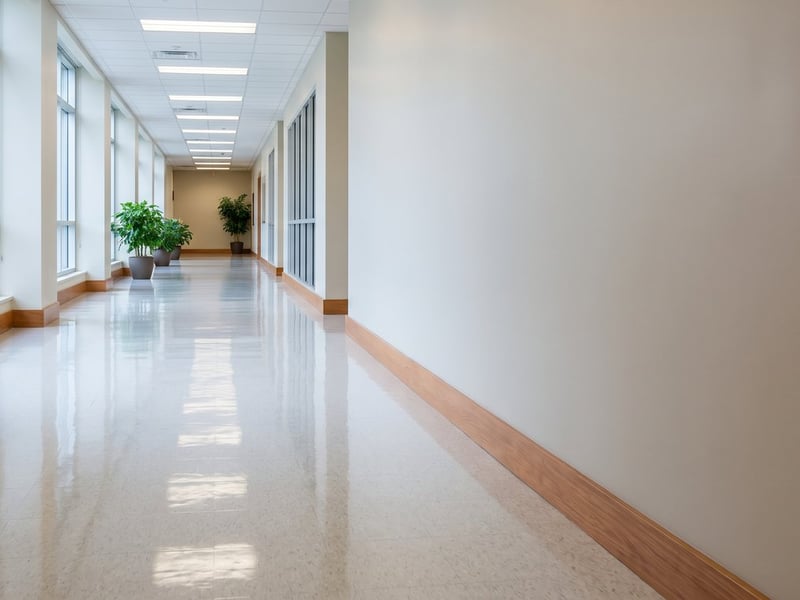 A bright commercial corridor with a clean, freshly maintained hard floor running the length of the space