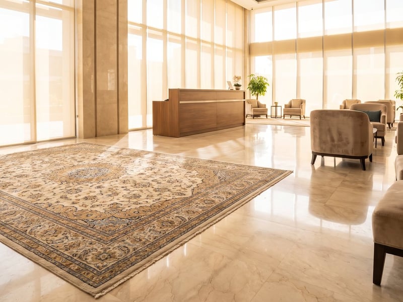 A bright, modern commercial lobby with a freshly cleaned area rug anchoring the space