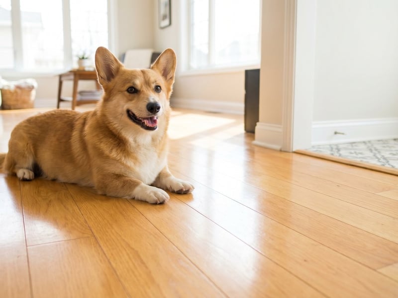 A happy corgi lying on a gleaming, freshly cleaned hardwood floor with patterned tile in a bright sunny room