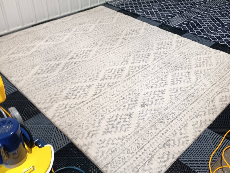 Patterned area rug being cleaned with a rotary machine in the Andrew's Pro Clean shop, Owatonna, MN