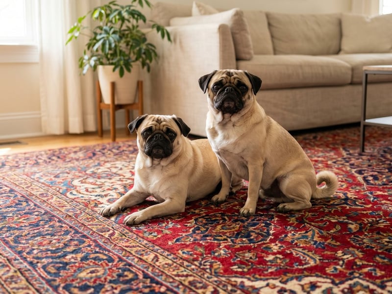 Two fawn pugs lounging together on a freshly cleaned oriental area rug in a cozy living room