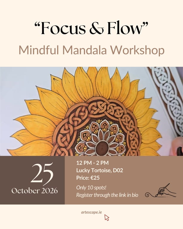 Focus & Flow mindful mandala drawing workshop poster.