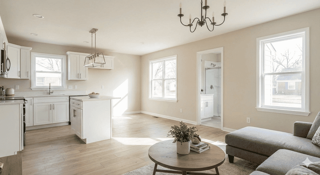 Bright open living area with a white kitchen and island, a pendant light, light wood floors and a gray sectional sofa.