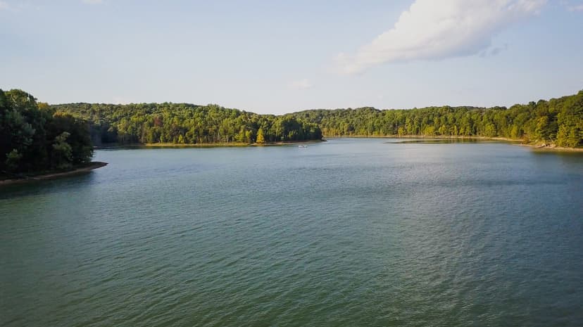 An aerial view of a calm, forested reservoir in Southern Indiana