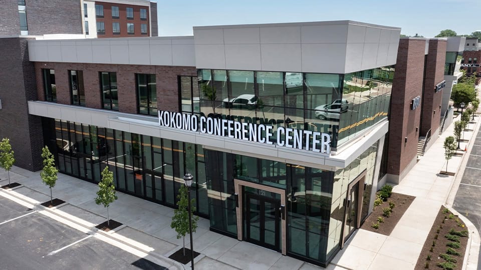 Kokomo Conference Center exterior with glass entrance and brick facade at 121 E. Superior St. in downtown Kokomo