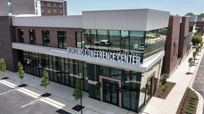 Kokomo Conference Center exterior with glass entrance and brick facade at 121 E. Superior St. in downtown Kokomo