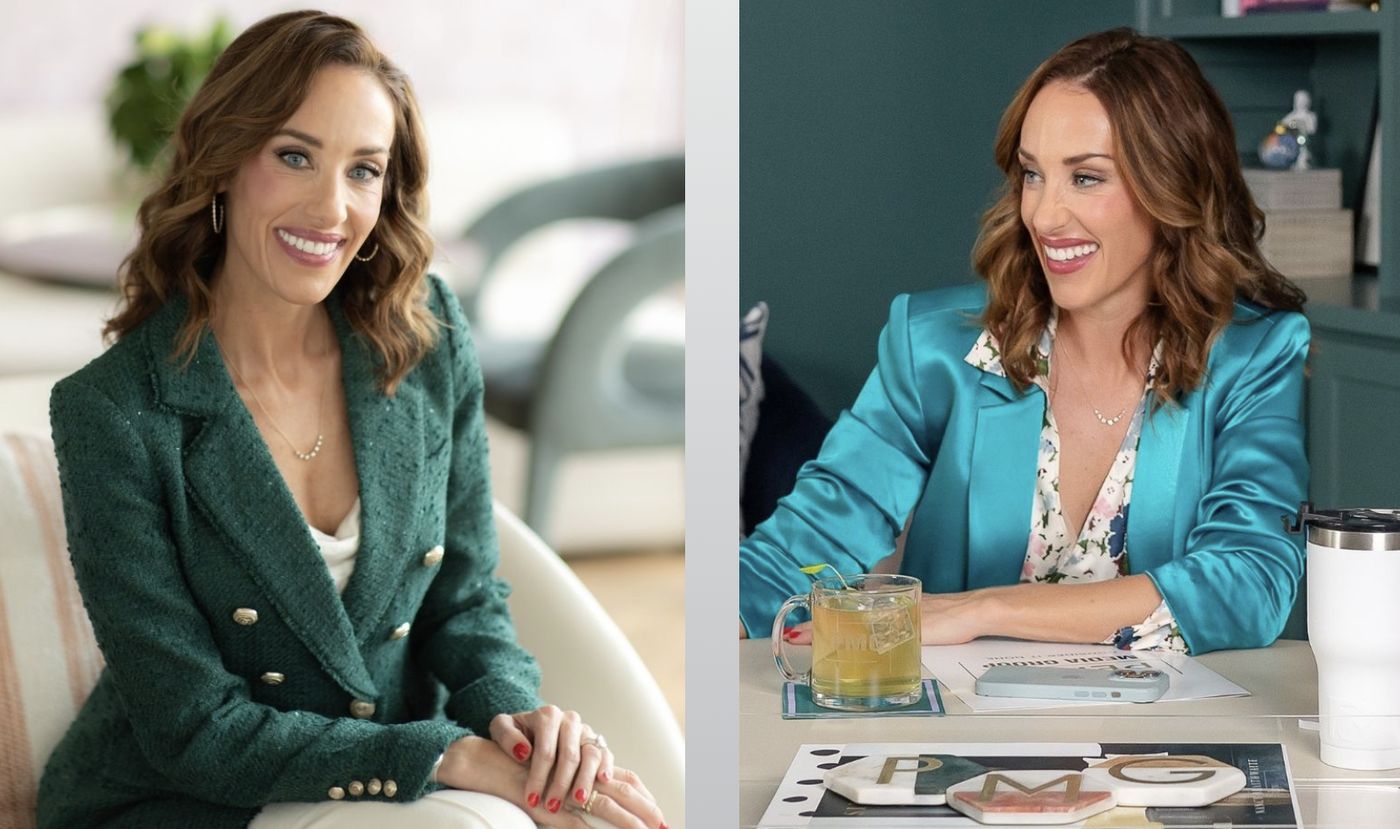 Nicole Pence Becker, founder of Pence Media Group, smiling in a green blazer and seated at a desk in a teal blazer with PMG-branded materials.