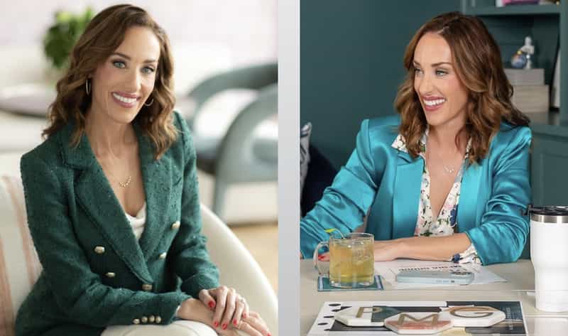 Nicole Pence Becker, founder of Pence Media Group, smiling in a green blazer and seated at a desk in a teal blazer with PMG-branded materials.