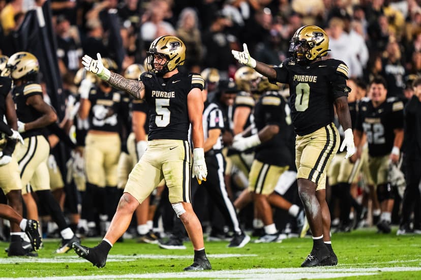 Purdue defenders wearing No. 5 and No. 0 in black jerseys and gold pants celebrate with arms out in front of the Purdue sideline during a night game