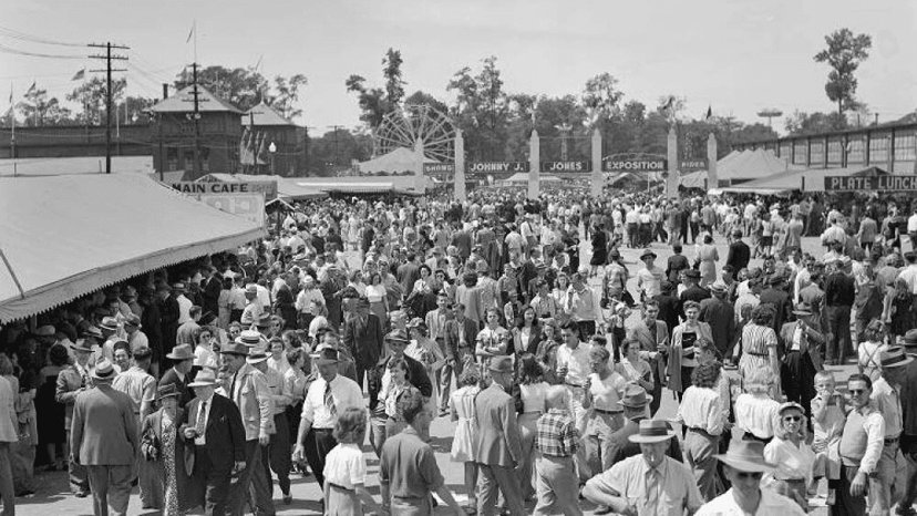 A vintage black-and-white photo of crowds at the Indiana State Fair
