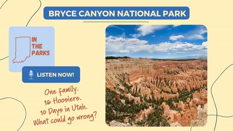 IN the Parks podcast cover art for the Bryce Canyon National Park episode, showing the park's amphitheater packed with orange hoodoos and green pines under a blue sky