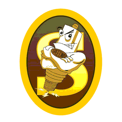 Speedway Sparkplugs logo with a spark plug character