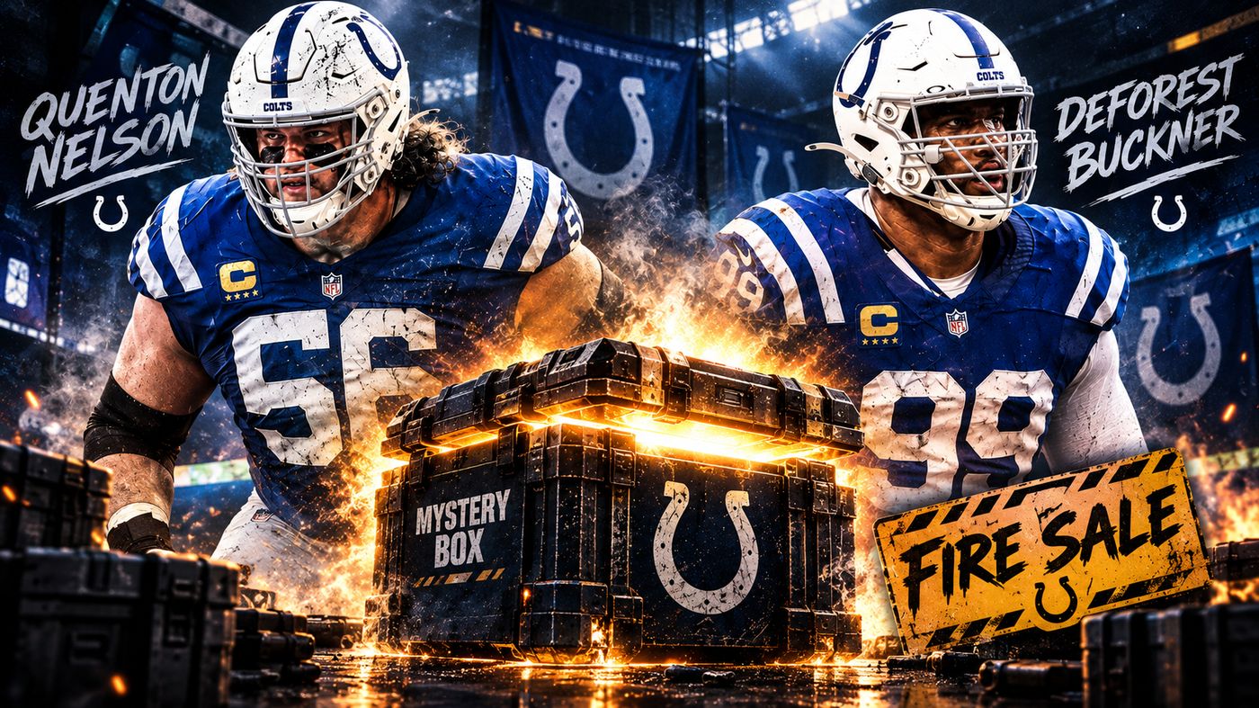 Graphic of Colts captains Quenton Nelson (No. 56) and DeForest Buckner (No. 99) in blue jerseys beside a glowing Colts Mystery Box trunk and a yellow Fire Sale sign