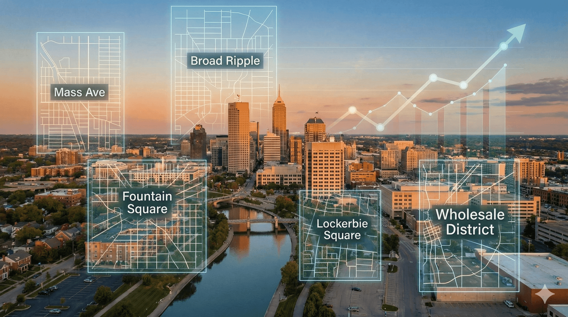 Aerial view of downtown Indianapolis with labelled callouts for Mass Ave, Broad Ripple, Fountain Square, Lockerbie Square and the Wholesale District beside a rising trend arrow