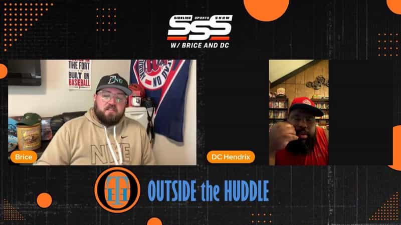 Sideline Sports Show hosts Brice and DC Hendrix on a split-screen video call with the Outside the Huddle logo