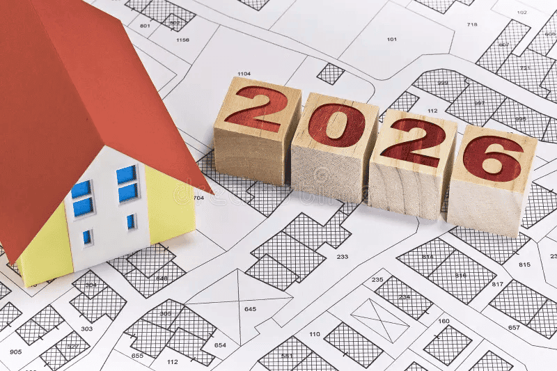 A small model house and wooden blocks spelling 2026 resting on an architectural plat map