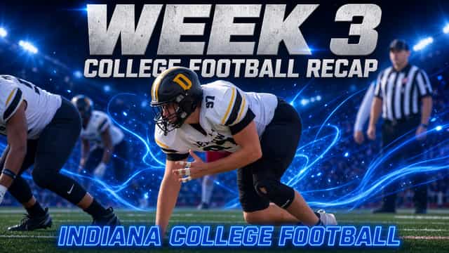 Week 3 Indiana college football recap graphic showing a lineman in a black helmet and white and gold uniform in a three-point stance under stadium lights.