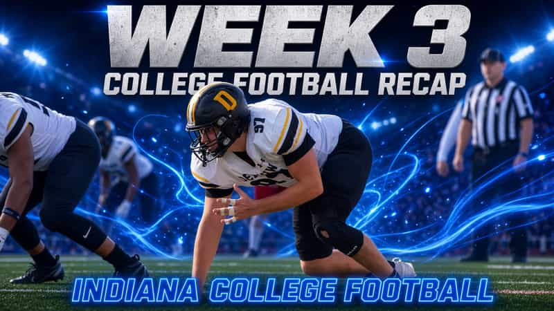 Week 3 Indiana college football recap graphic showing a lineman in a black helmet and white and gold uniform in a three-point stance under stadium lights.