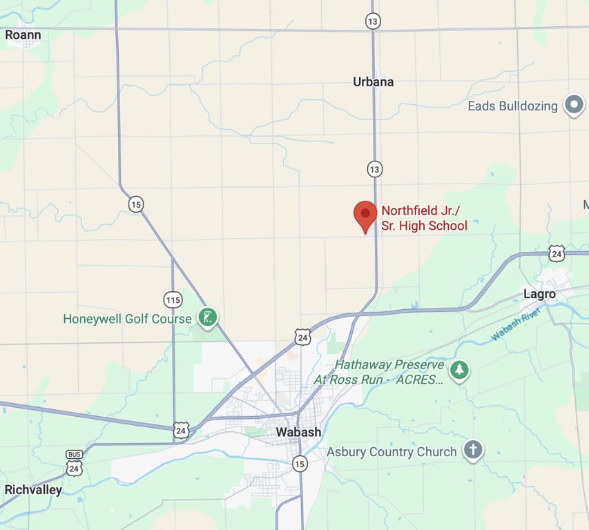 Google map showing Northfield Jr/Sr High School located between Wabash, Urbana, and Lagro in Wabash County, Indiana