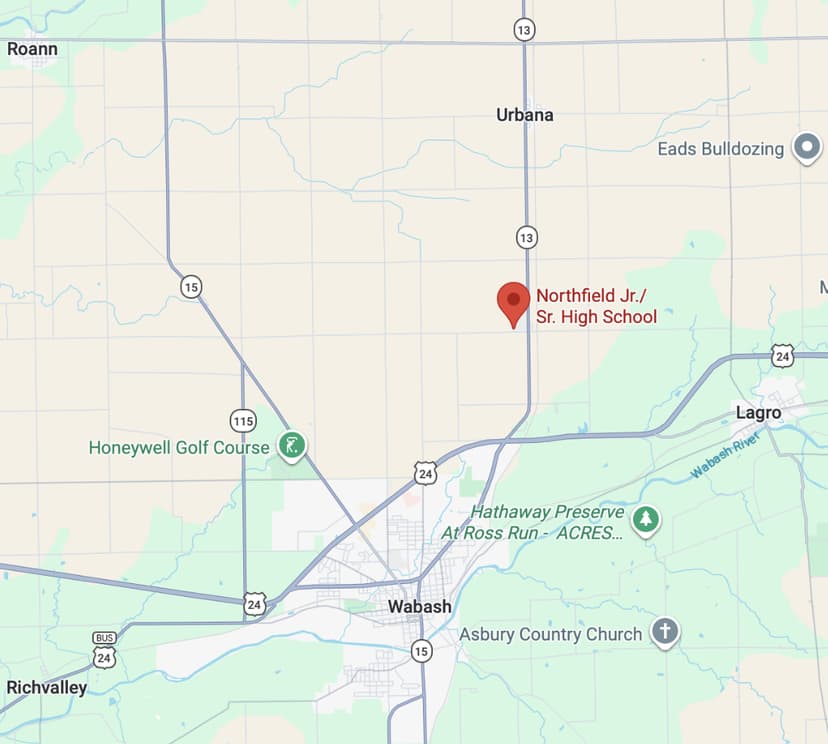 Google map showing Northfield Jr/Sr High School located between Wabash, Urbana, and Lagro in Wabash County, Indiana