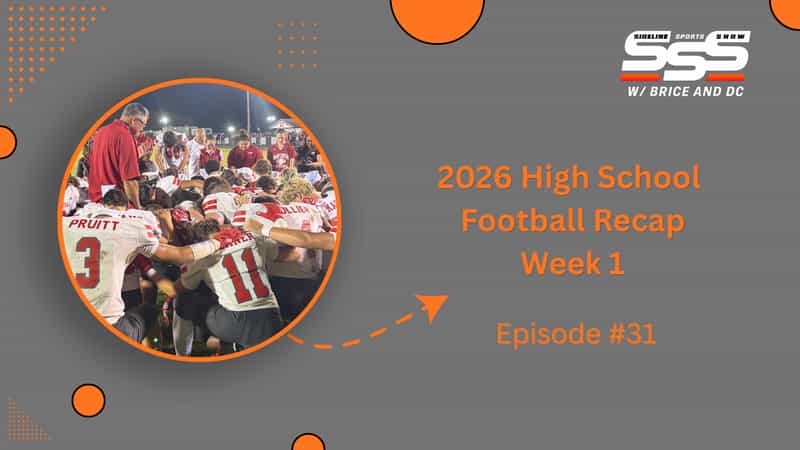 Sideline Sports Show graphic for the 2026 Week 1 high school football recap, showing a football team in red and white uniforms kneeling in a huddle on the field with coaches under the stadium lights