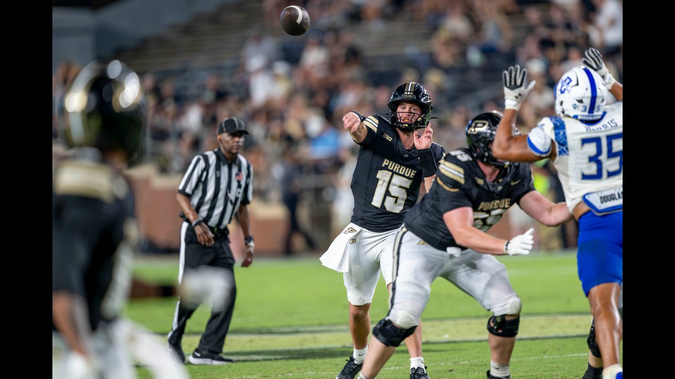 Purdue quarterback Ryan Browne throws a pass against Indiana State at Ross-Ade Stadium
